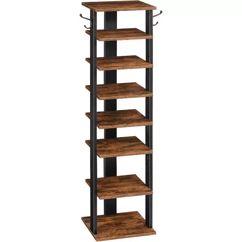 8 Tiers Vertical Shoe Rack, Narrow Wooden Shoe Storage Organizer with Hooks, Space-Saving Shoe Tower Holds 8 Pairs