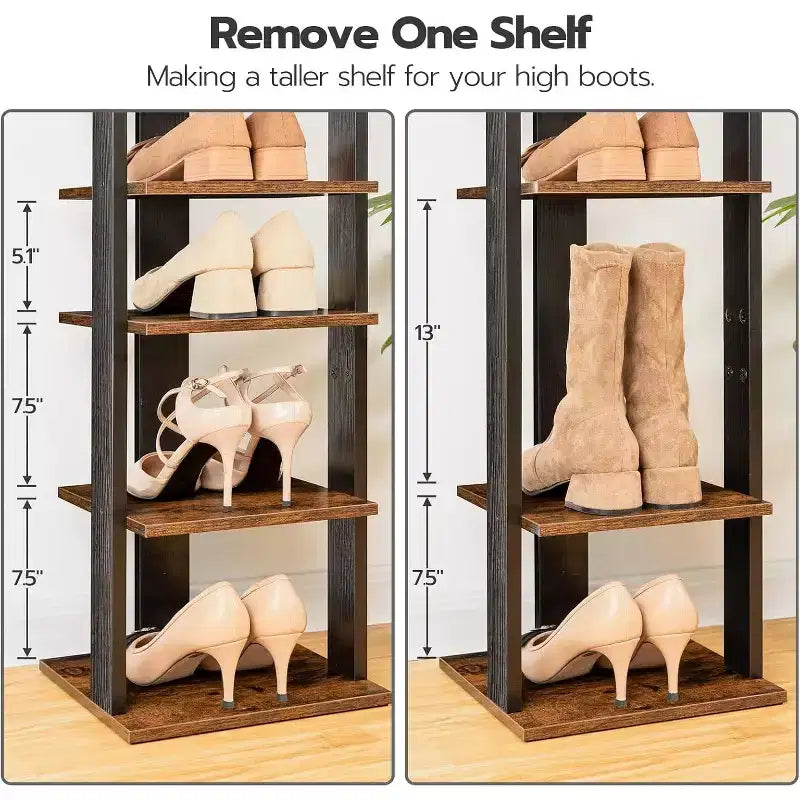 8 Tiers Vertical Shoe Rack, Narrow Wooden Shoe Storage Organizer with Hooks, Space-Saving Shoe Tower Holds 8 Pairs