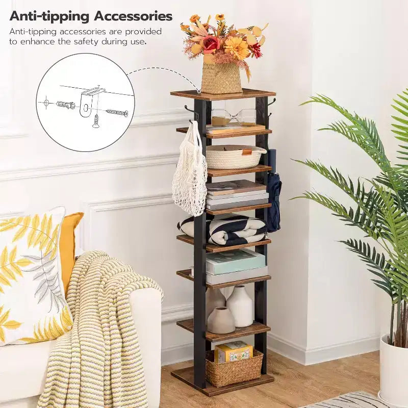 8 Tiers Vertical Shoe Rack, Narrow Wooden Shoe Storage Organizer with Hooks, Space-Saving Shoe Tower Holds 8 Pairs