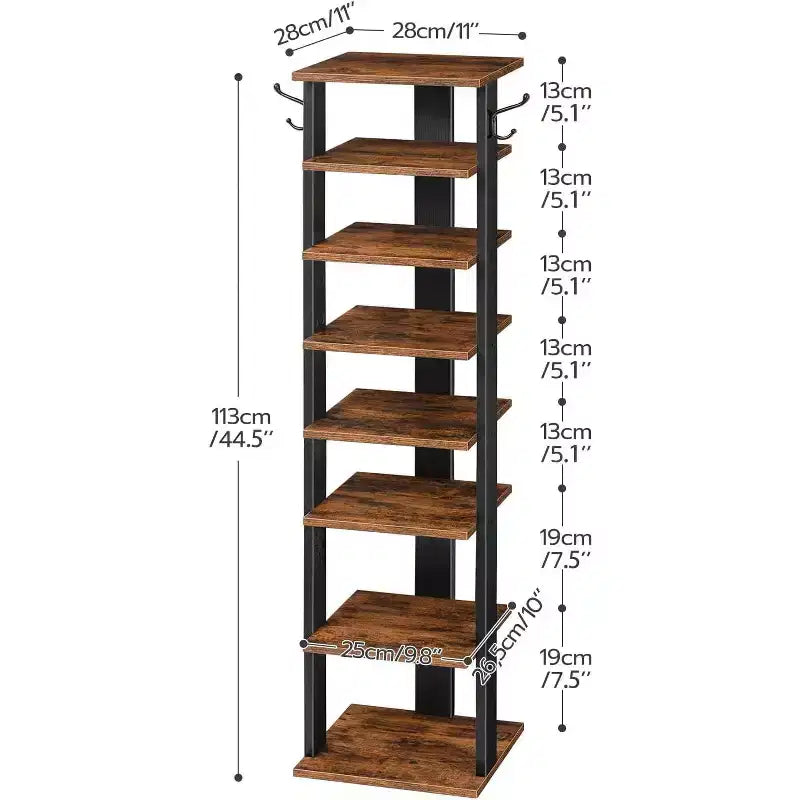 8 Tiers Vertical Shoe Rack, Narrow Wooden Shoe Storage Organizer with Hooks, Space-Saving Shoe Tower Holds 8 Pairs