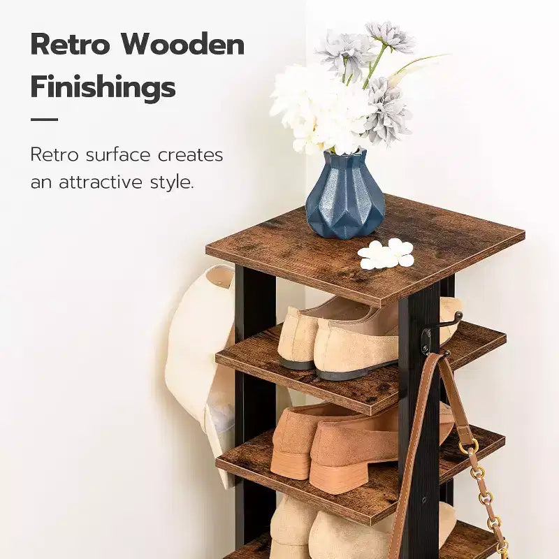 8 Tiers Vertical Shoe Rack, Narrow Wooden Shoe Storage Organizer with Hooks, Space-Saving Shoe Tower Holds 8 Pairs