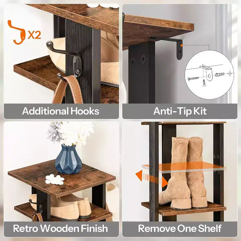 8 Tiers Vertical Shoe Rack, Narrow Wooden Shoe Storage Organizer with Hooks, Space-Saving Shoe Tower Holds 8 Pairs