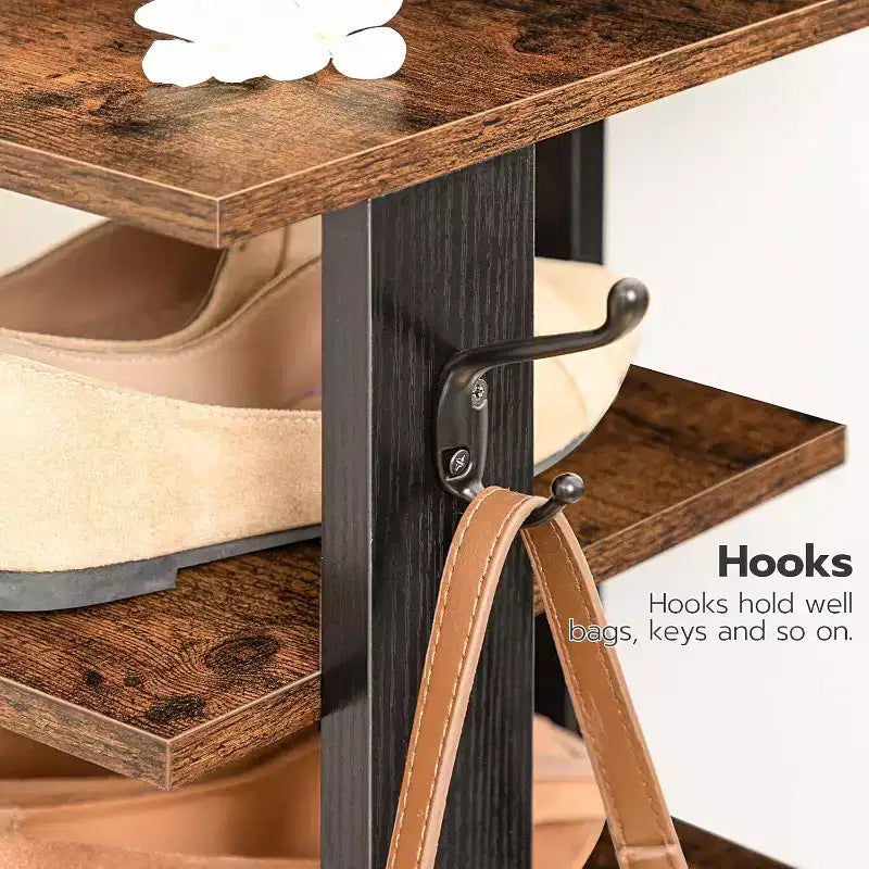 8 Tiers Vertical Shoe Rack, Narrow Wooden Shoe Storage Organizer with Hooks, Space-Saving Shoe Tower Holds 8 Pairs