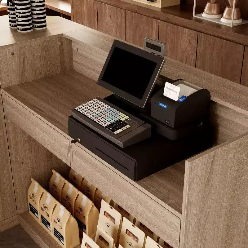 Light Wood Retail Cash Register & Reception Counter with Display Shelves