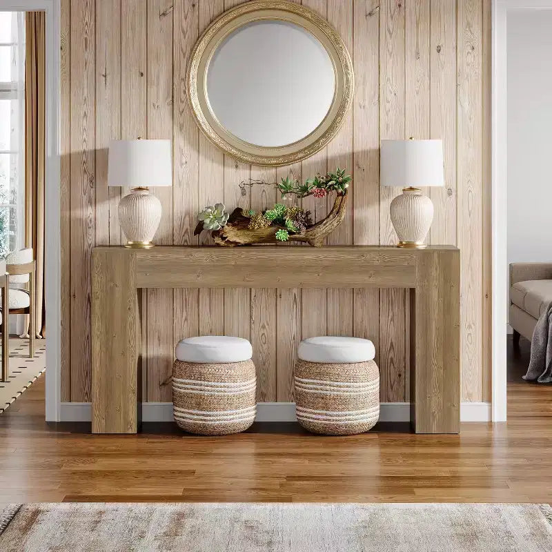 63-Inch Long Console Table, Farmhouse Narrow Sofa Table for Living Room, Entryway, Hallway, Foyer, Natural Brown