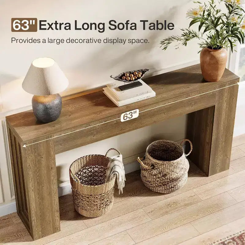 63-Inch Long Console Table, Farmhouse Narrow Sofa Table for Living Room, Entryway, Hallway, Foyer, Natural Brown