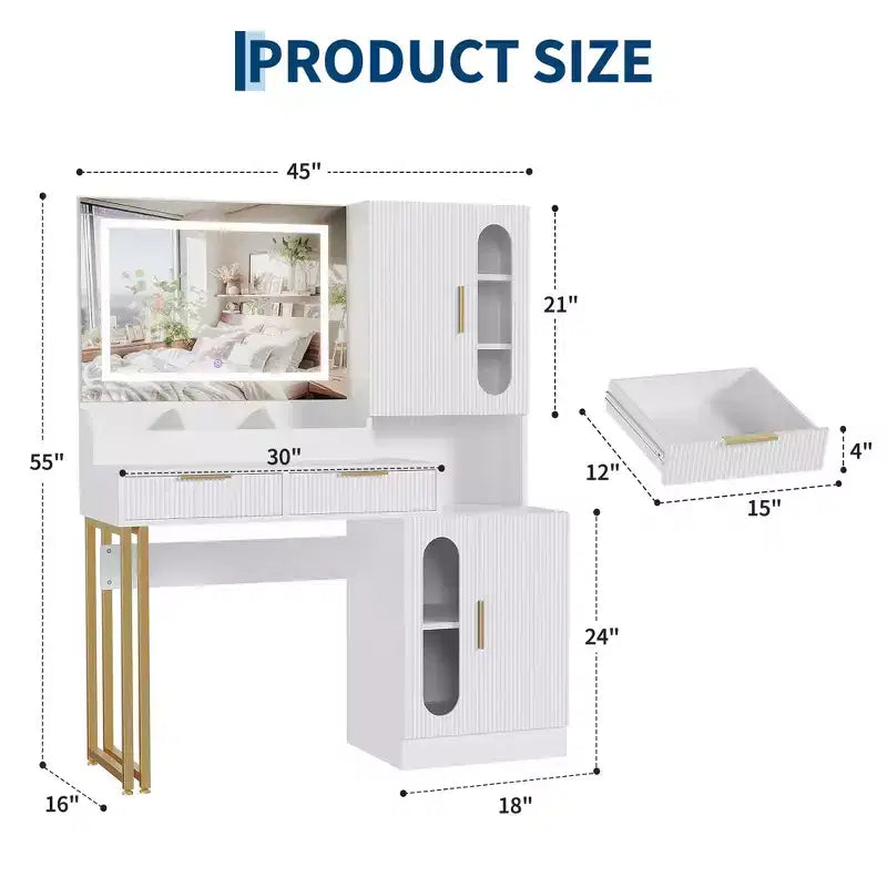 Fluted Makeup Vanity Desk with Lighted Mirror, Charging Station, Drawers & Storage Cabinets