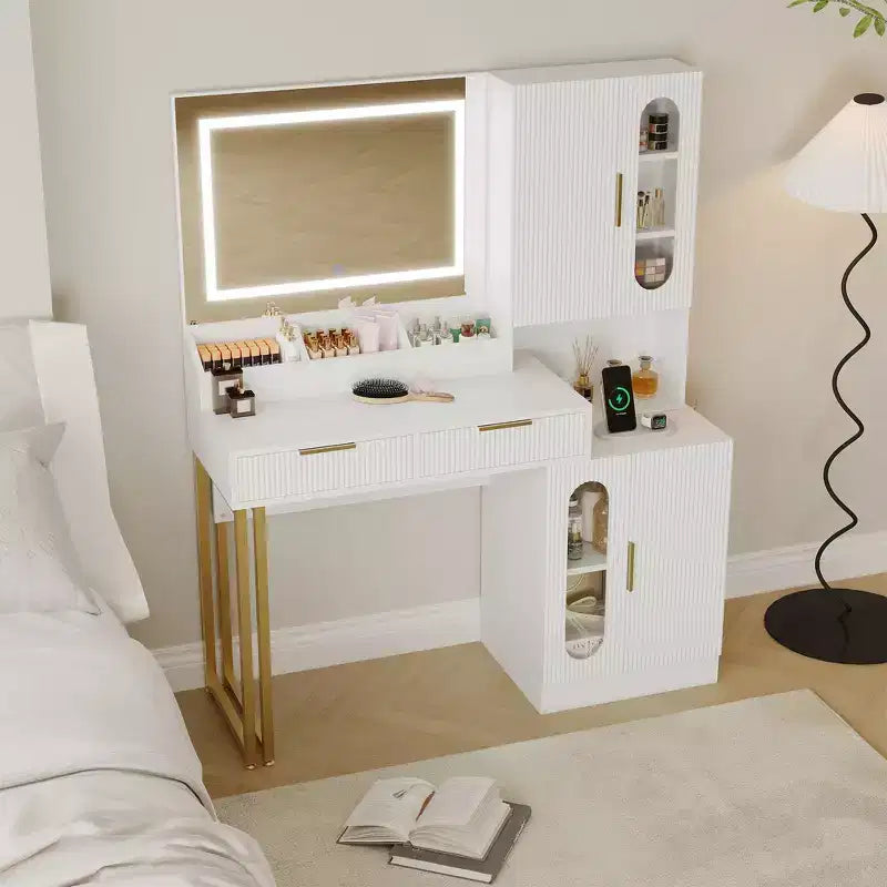 Fluted Makeup Vanity Desk with Lighted Mirror, Charging Station, Drawers & Storage Cabinets