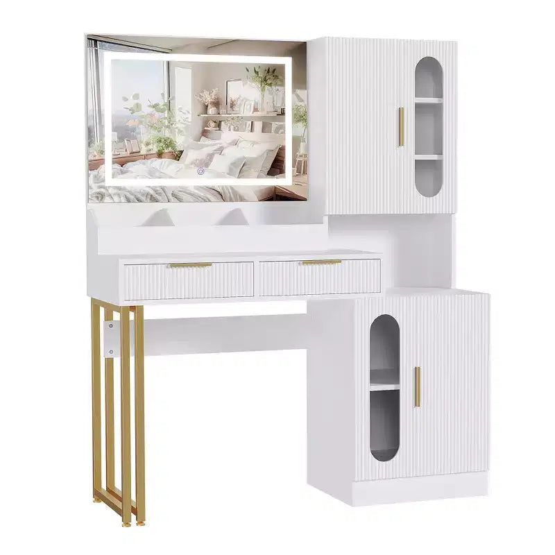 Fluted Makeup Vanity Desk with Lighted Mirror, Charging Station, Drawers & Storage Cabinets