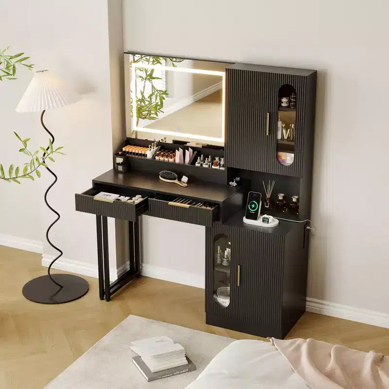 Fluted Makeup Vanity Desk with Lighted Mirror, Charging Station, Drawers & Storage Cabinets