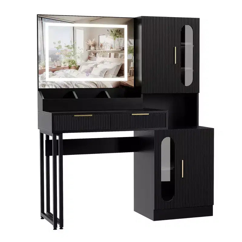 Fluted Makeup Vanity Desk with Lighted Mirror, Charging Station, Drawers & Storage Cabinets