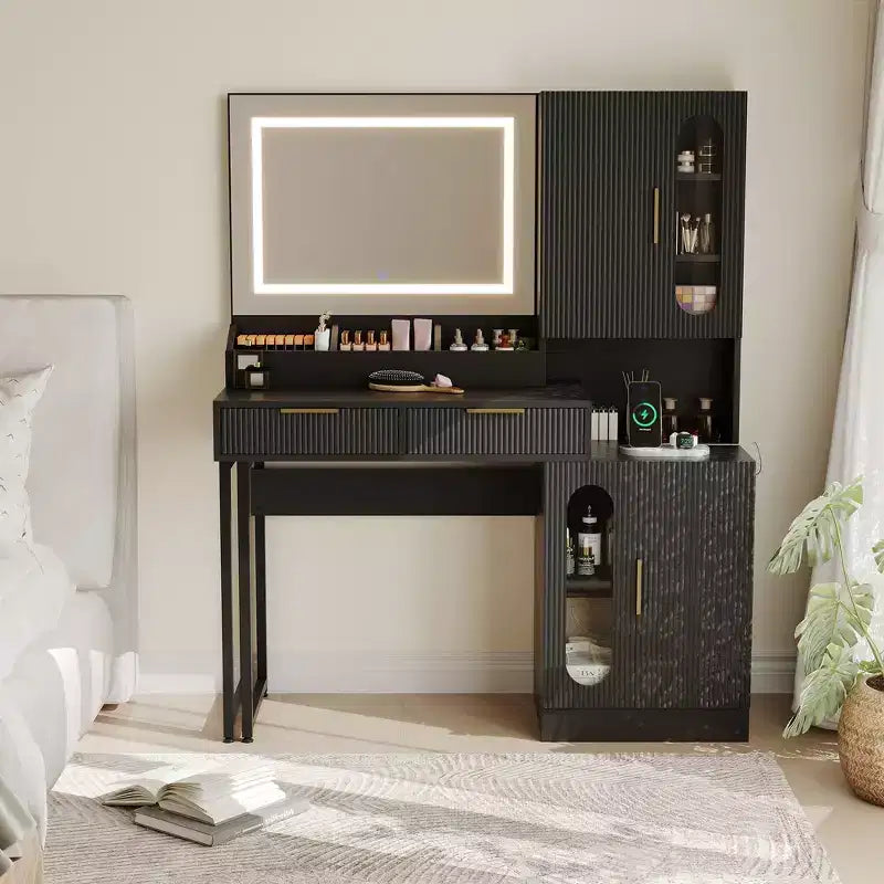Fluted Makeup Vanity Desk with Lighted Mirror, Charging Station, Drawers & Storage Cabinets