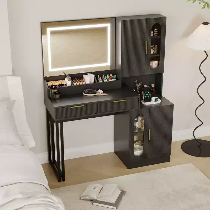 Fluted Makeup Vanity Desk with Lighted Mirror, Charging Station, Drawers & Storage Cabinets
