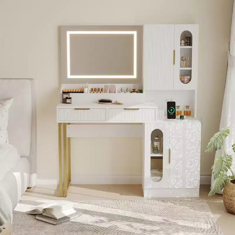 Fluted Makeup Vanity Desk with Lighted Mirror, Charging Station, Drawers & Storage Cabinets