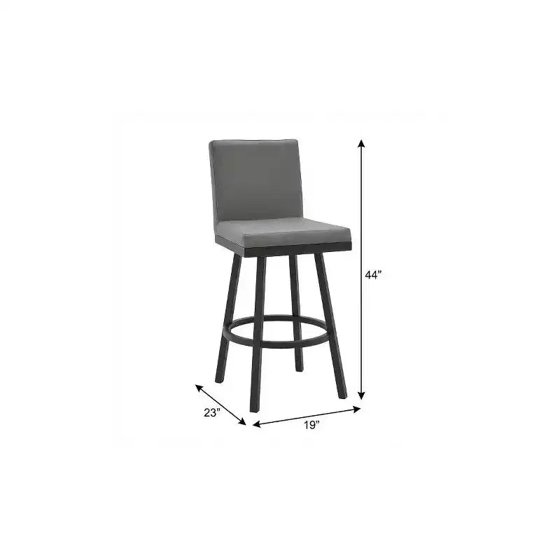 30" Gray And Black Faux Leather And Iron Swivel Bar Height Bar Chair