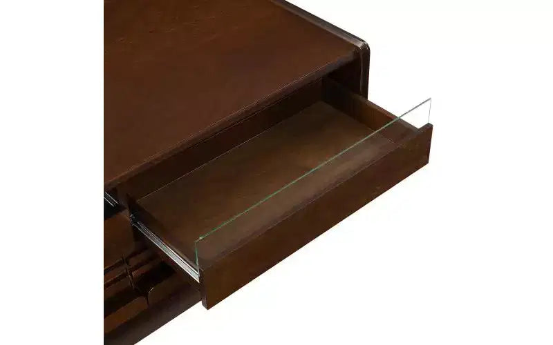 47.2-inch Modern Wooden Rectangular Coffee Table with 4 Drawers and 2 Display Shelves, Tempered Glass Top, Brown