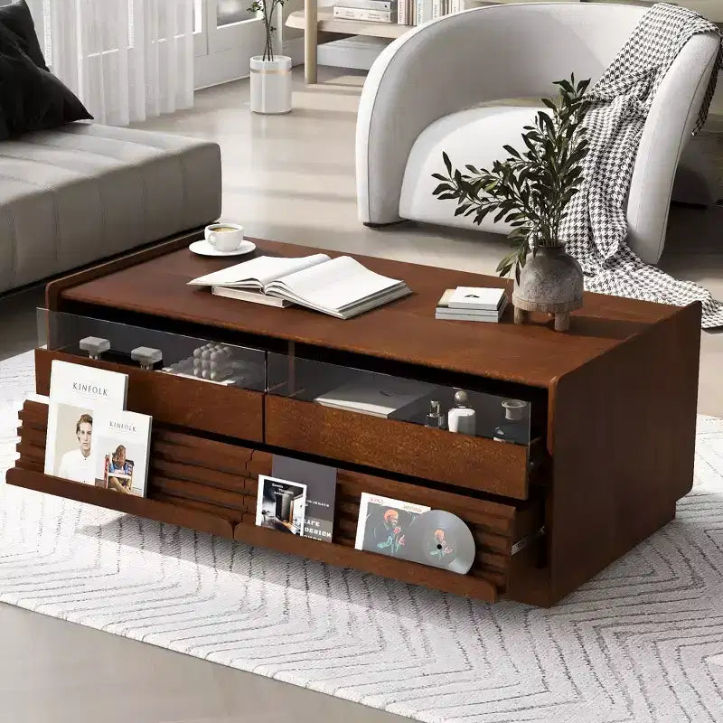 47.2-inch Modern Wooden Rectangular Coffee Table with 4 Drawers and 2 Display Shelves, Tempered Glass Top, Brown