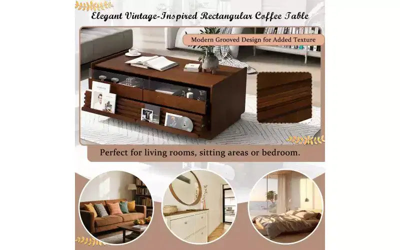 47.2-inch Modern Wooden Rectangular Coffee Table with 4 Drawers and 2 Display Shelves, Tempered Glass Top, Brown