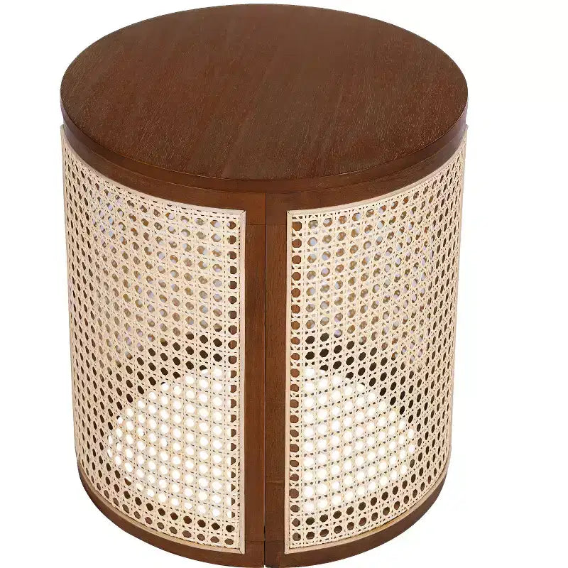 15.70-inch Round Accent Table, Openwork Weave Rubberwood Nightstand, Rattan Coffee Table, Dark Brown