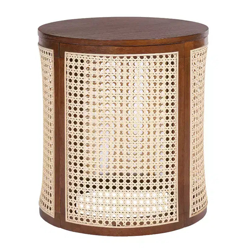 15.70-inch Round Accent Table, Openwork Weave Rubberwood Nightstand, Rattan Coffee Table, Dark Brown