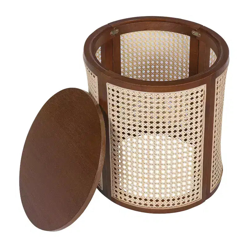 15.70-inch Round Accent Table, Openwork Weave Rubberwood Nightstand, Rattan Coffee Table, Dark Brown