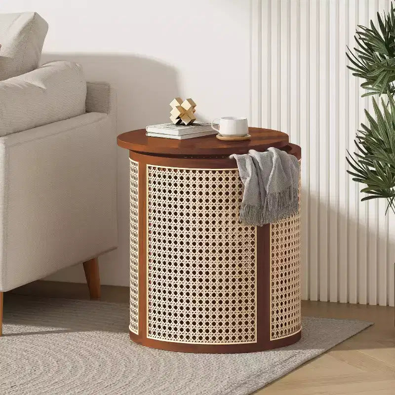 15.70-inch Round Accent Table, Openwork Weave Rubberwood Nightstand, Rattan Coffee Table, Dark Brown