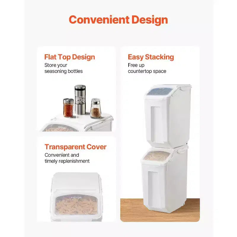 4.5Gal/20L Airtight Food Storage Container with Wheels & Measuring Cup for Rice, Pet Food, Grain, Flour, White