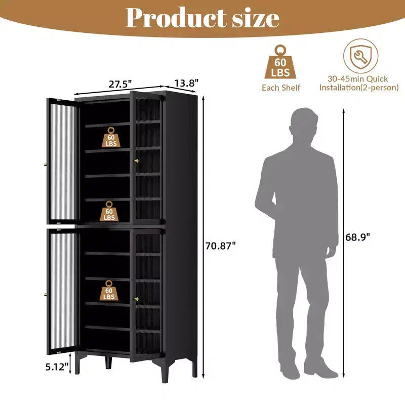 71" Large Metal Shoe Cabinet with Doors, Adjustable Shelves, Shoe Closet Storage for Entryway Hallway Living Room