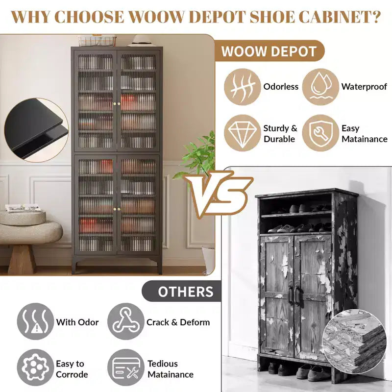 71" Large Metal Shoe Cabinet with Doors, Adjustable Shelves, Shoe Closet Storage for Entryway Hallway Living Room