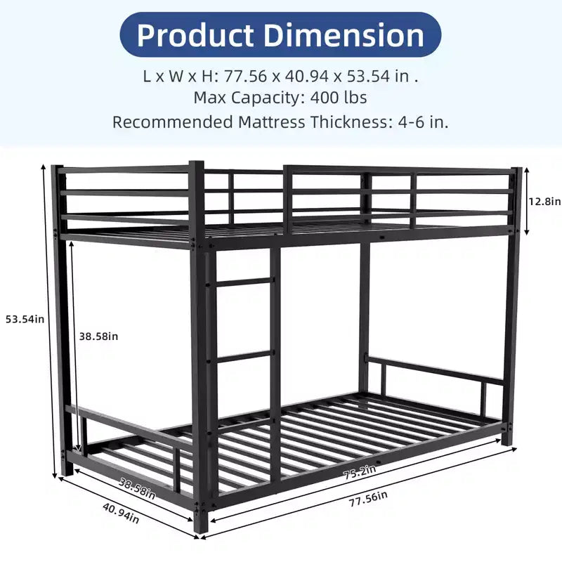 Modern Metal Bunk Bed with Safety Guardrail and Ladder Design