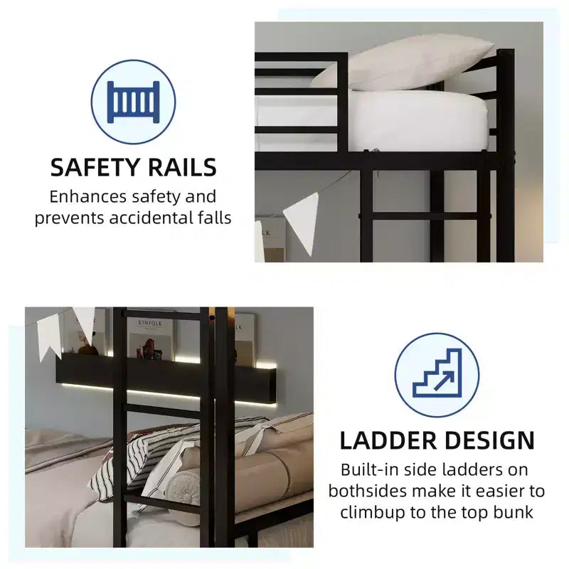 Modern Metal Bunk Bed with Safety Guardrail and Ladder Design