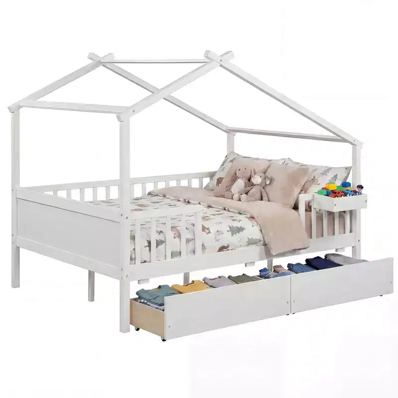 Full Size Bed with 2 Storage Drawers, House-Shaped Bed Frame for Kids & Teens, White/Natural
