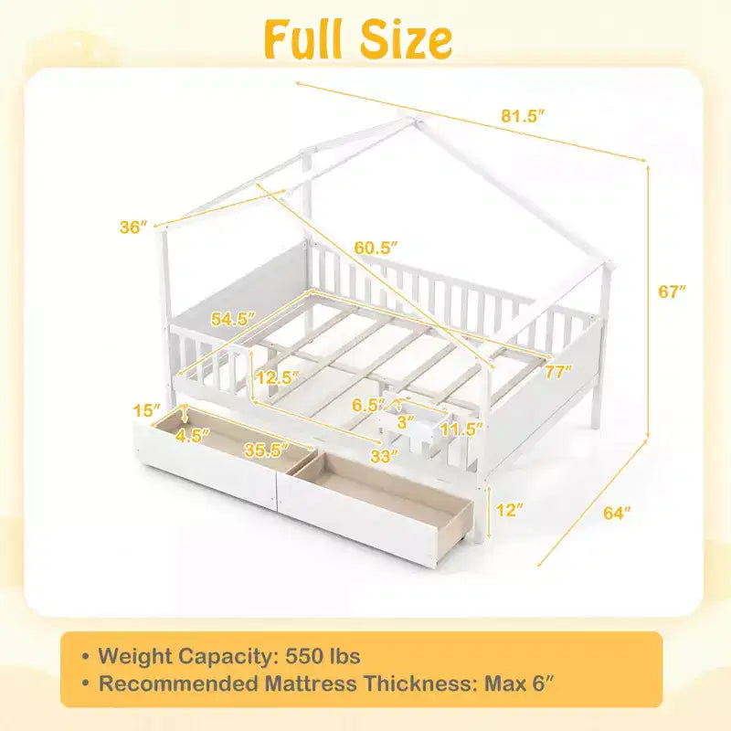 Full Size Bed with 2 Storage Drawers, House-Shaped Bed Frame for Kids & Teens, White/Natural