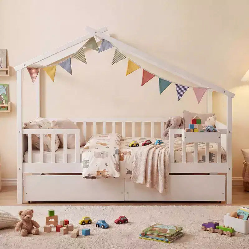 Full Size Bed with 2 Storage Drawers, House-Shaped Bed Frame for Kids & Teens, White/Natural