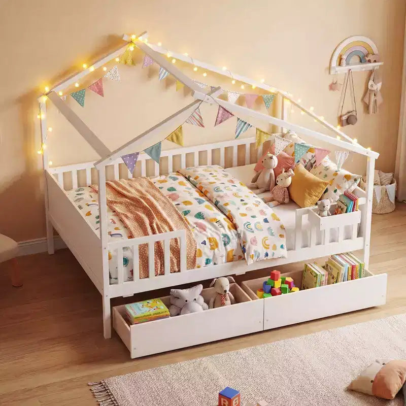 Full Size Bed with 2 Storage Drawers, House-Shaped Bed Frame for Kids & Teens, White/Natural