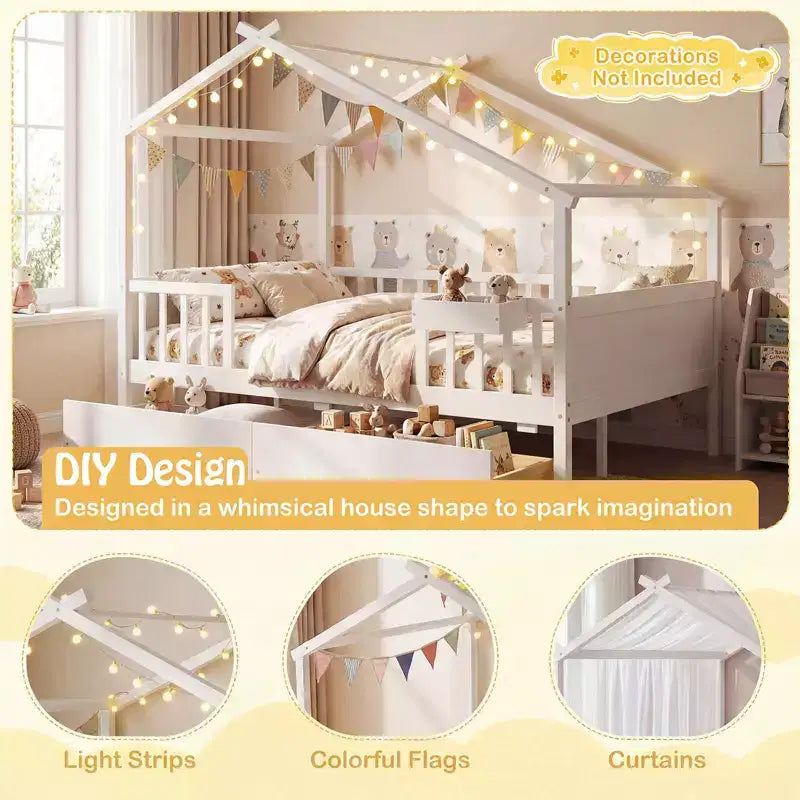 Full Size Bed with 2 Storage Drawers, House-Shaped Bed Frame for Kids & Teens, White/Natural