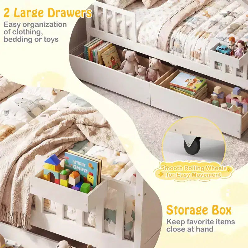 Full Size Bed with 2 Storage Drawers, House-Shaped Bed Frame for Kids & Teens, White/Natural