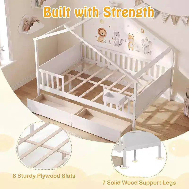 Full Size Bed with 2 Storage Drawers, House-Shaped Bed Frame for Kids & Teens, White/Natural