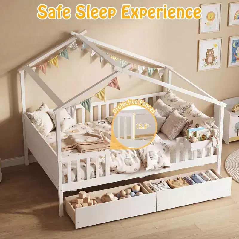 Full Size Bed with 2 Storage Drawers, House-Shaped Bed Frame for Kids & Teens, White/Natural