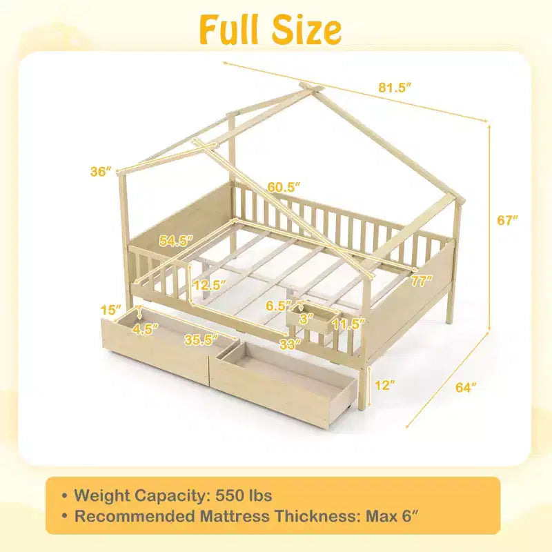 Full Size Bed with 2 Storage Drawers, House-Shaped Bed Frame for Kids & Teens, White/Natural