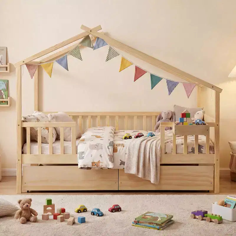 Full Size Bed with 2 Storage Drawers, House-Shaped Bed Frame for Kids & Teens, White/Natural