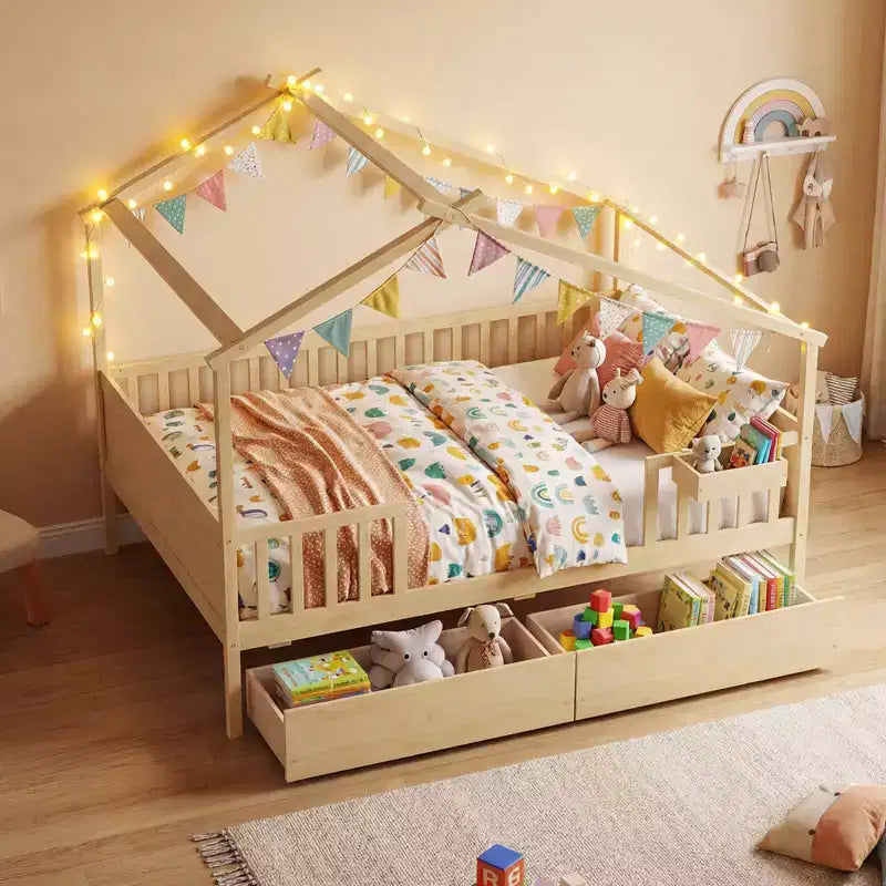 Full Size Bed with 2 Storage Drawers, House-Shaped Bed Frame for Kids & Teens, White/Natural