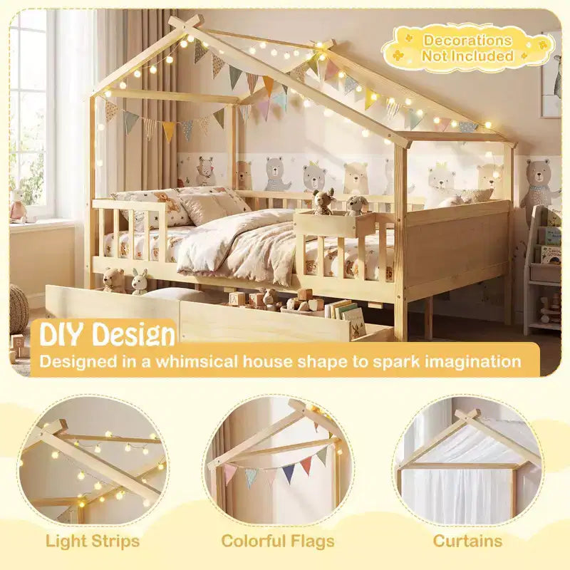 Full Size Bed with 2 Storage Drawers, House-Shaped Bed Frame for Kids & Teens, White/Natural