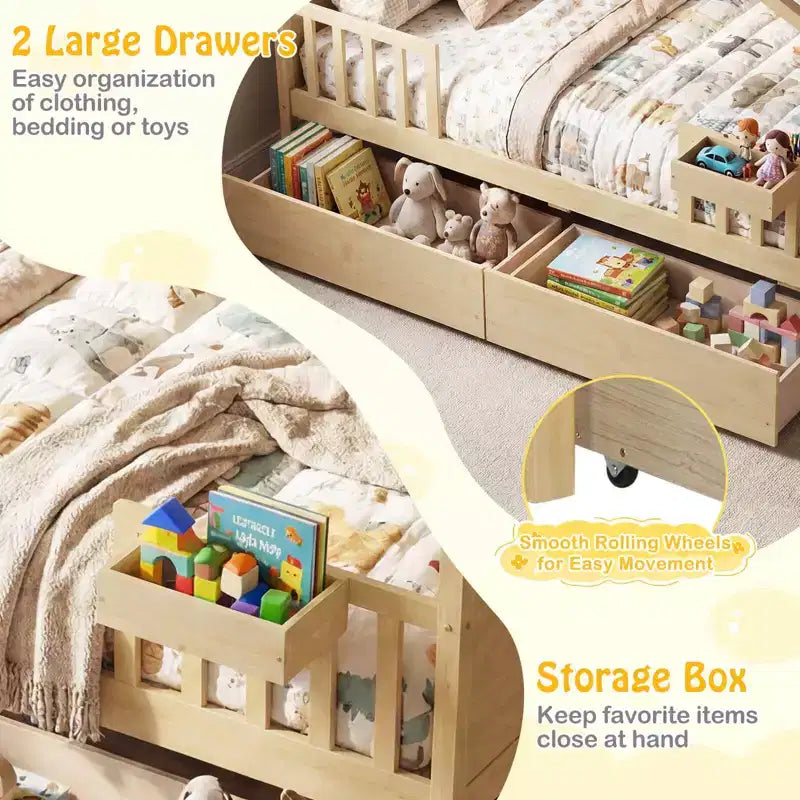 Full Size Bed with 2 Storage Drawers, House-Shaped Bed Frame for Kids & Teens, White/Natural