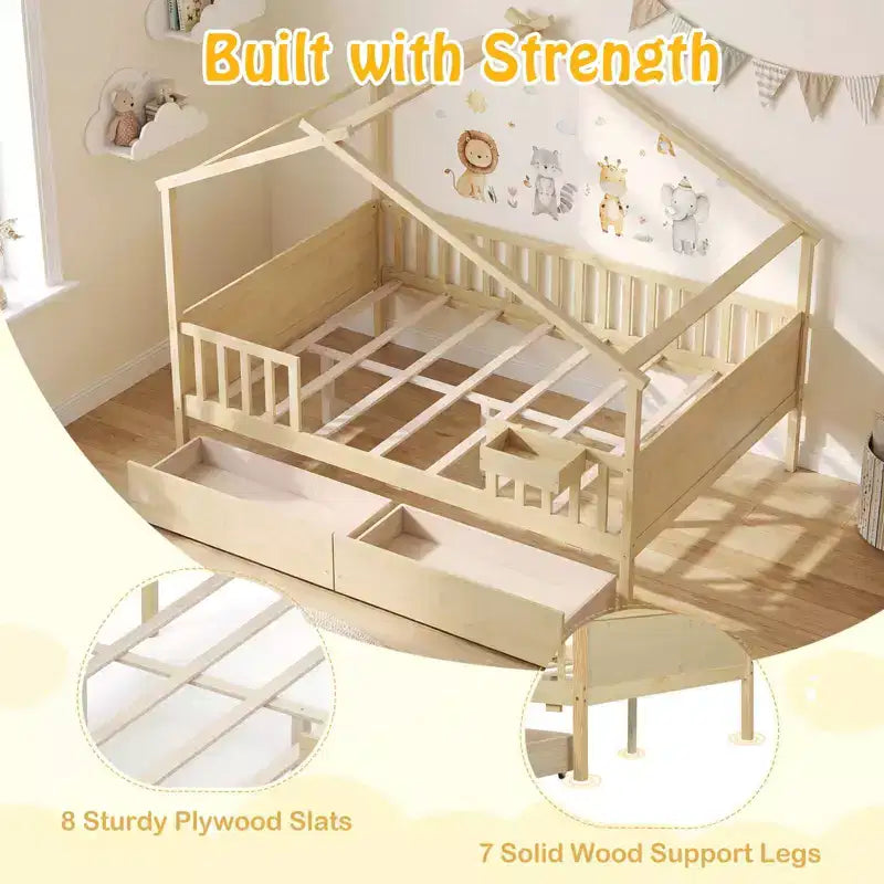 Full Size Bed with 2 Storage Drawers, House-Shaped Bed Frame for Kids & Teens, White/Natural