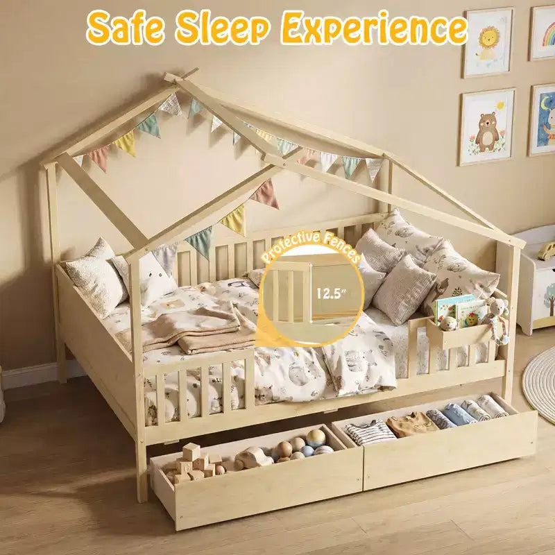 Full Size Bed with 2 Storage Drawers, House-Shaped Bed Frame for Kids & Teens, White/Natural