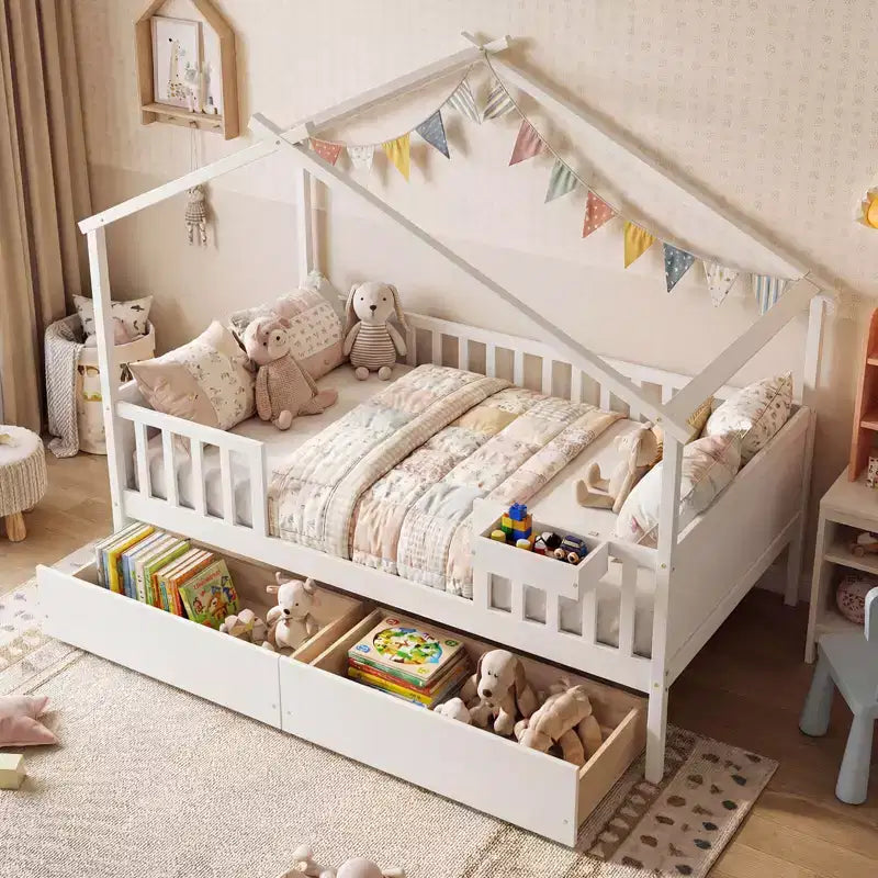 Full Size Bed with 2 Storage Drawers, House-Shaped Bed Frame for Kids & Teens, White/Natural