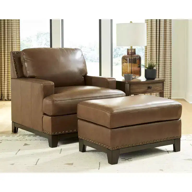 Amber Ottoman, Top Grain Leather Cushion with Nailhead Trim