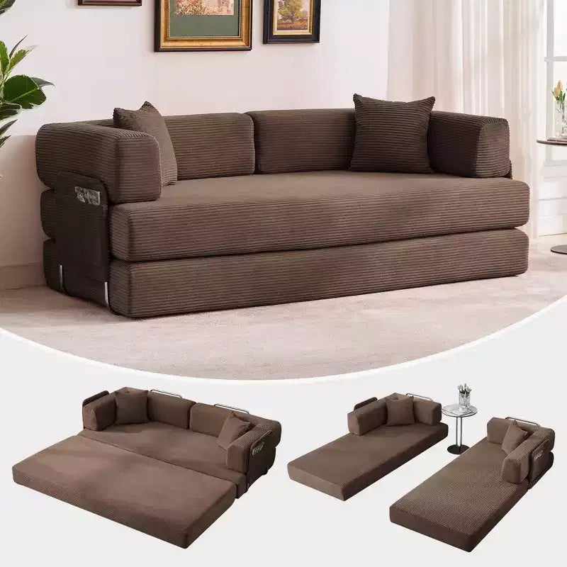 78.7 Modular Convertible Corduroy Floor Sofa Bed  Folding Sleeper Couch with Pillow, Armrest & Backrest  Space-Saving, Multi-Position