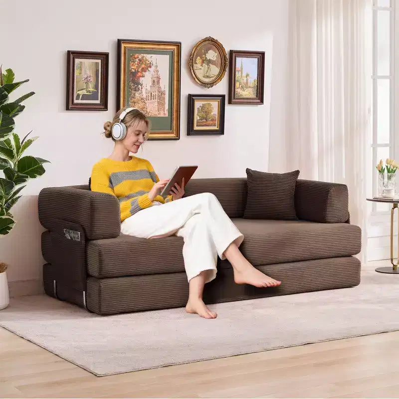78.7 Modular Convertible Corduroy Floor Sofa Bed  Folding Sleeper Couch with Pillow, Armrest & Backrest  Space-Saving, Multi-Position